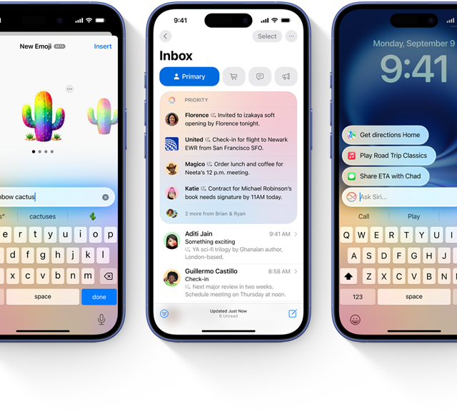 Tres iPhone 16 con funcionalidades de Apple Intelligence: Genmoji, Resumen y Escríbele a Siri